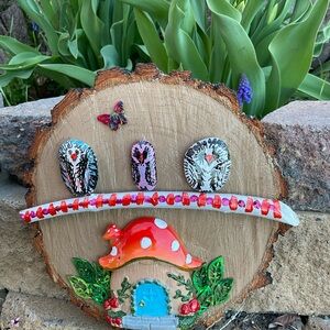 Handcrafted Wooden Art with Mushroom and Butterfly